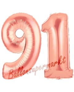 Zahl 91 Rosegold Luftballons aus Folie zum 91. Geburtstag, 100 cm, inklusive Helium