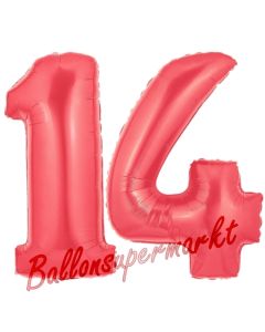 Zahl 14 Rot, Luftballons aus Folie zum 14. Geburtstag, 100 cm, inklusive Helium