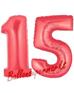 Zahl 15 Rot, Luftballons aus Folie zum 15. Geburtstag, 100 cm, inklusive Helium