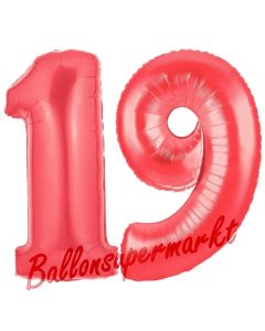 Zahl 19 Rot, Luftballons aus Folie zum 19. Geburtstag, 100 cm, inklusive Helium