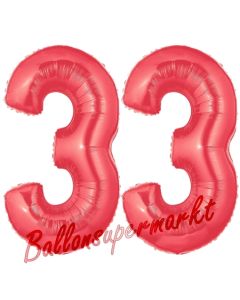 Zahl 33 Rot, Luftballons aus Folie zum 33. Geburtstag, 100 cm, inklusive Helium