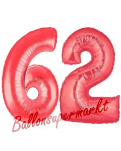Zahl 62, Rot, Luftballons aus Folie zum 62. Geburtstag, 100 cm, inklusive Helium