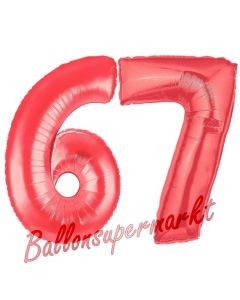 Zahl 67, Rot, Luftballons aus Folie zum 67. Geburtstag, 100 cm, inklusive Helium