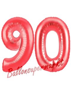 Zahl 90, Rot, Luftballons aus Folie zum 90. Geburtstag