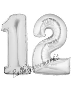 Zahl 12 Silber, Luftballons aus Folie zum 12. Geburtstag, 100 cm, inklusive Helium