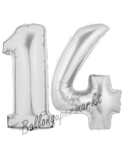 Zahl 14 Silber, Luftballons aus Folie zum 14. Geburtstag, 100 cm, inklusive Helium