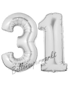 Zahl 31, Silber, Luftballons aus Folie zum 31. Geburtstag, 100 cm, inklusive Helium