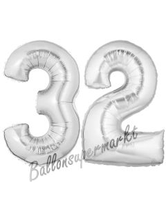 Zahl 32, Silber, Luftballons aus Folie zum 32. Geburtstag, 100 cm, inklusive Helium
