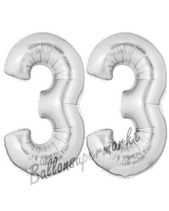 Zahl 33, Silber, Luftballons aus Folie zum 33. Geburtstag, 100 cm, inklusive Helium
