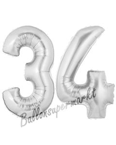 Zahl 34, Silber, Luftballons aus Folie zum 34. Geburtstag, 100 cm, inklusive Helium