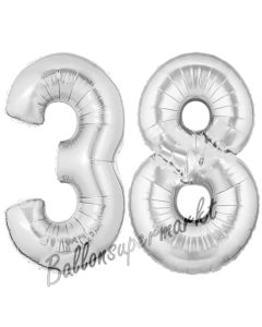 Zahl 38, Silber, Luftballons aus Folie zum 38. Geburtstag, 100 cm, inklusive Helium