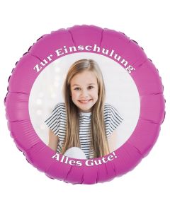 Fotoballon zur Einschulung, zum Schulanfang. Ballon in Pink mit dem Foto des Schulkindes zum Schulbeginn