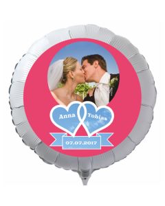 Fotoballon mit Hochzeitspaar, personalisiert, mit Namen der Brautleute und Datum des Hochzeitstages, weißer Rundballon mit Helium