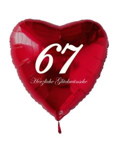Zum 67. Geburtstag, roter Herzluftballon mit Helium