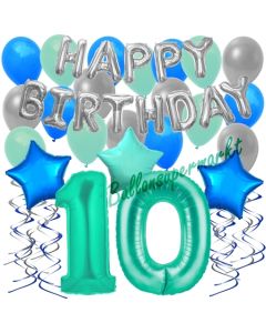 10. Geburtstag Dekorations-Set mit Ballons Happy Birthday Aquamarin, 34 Teile