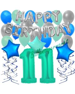 11. Geburtstag Dekorations-Set mit Ballons Happy Birthday Aquamarin, 34 Teile