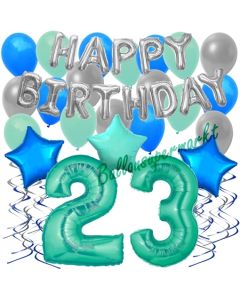 23. Geburtstag Dekorations-Set mit Ballons Happy Birthday Aquamarin, 34 Teile