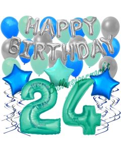 24. Geburtstag Dekorations-Set mit Ballons Happy Birthday Aquamarin, 34 Teile