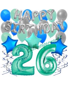 26. Geburtstag Dekorations-Set mit Ballons Happy Birthday Aquamarin, 34 Teile