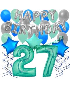 27. Geburtstag Dekorations-Set mit Ballons Happy Birthday Aquamarin, 34 Teile