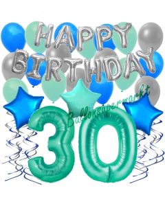 30. Geburtstag Dekorations-Set mit Ballons Happy Birthday Aquamarin, 34 Teile