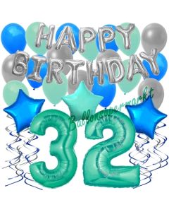 32. Geburtstag Dekorations-Set mit Ballons Happy Birthday Aquamarin, 34 Teile