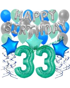 33. Geburtstag Dekorations-Set mit Ballons Happy Birthday Aquamarin, 34 Teile