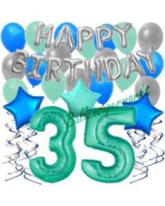 35. Geburtstag Dekorations-Set mit Ballons Happy Birthday Aquamarin, 34 Teile