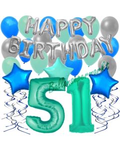 51. Geburtstag Dekorations-Set mit Ballons Happy Birthday Aquamarin, 34 Teile
