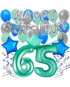 65. Geburtstag Dekorations-Set mit Ballons Happy Birthday Aquamarin, 34 Teile