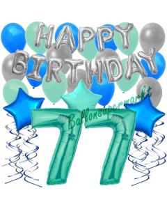 77. Geburtstag Dekorations-Set mit Ballons Happy Birthday Aquamarin, 34 Teile