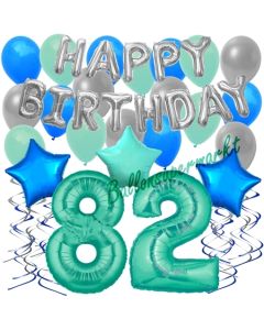 82. Geburtstag Dekorations-Set mit Ballons Happy Birthday Aquamarin, 34 Teile