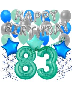 83. Geburtstag Dekorations-Set mit Ballons Happy Birthday Aquamarin, 34 Teile