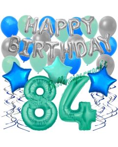84. Geburtstag Dekorations-Set mit Ballons Happy Birthday Aquamarin, 34 Teile