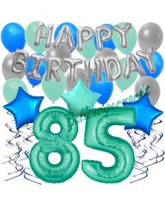 85. Geburtstag Dekorations-Set mit Ballons Happy Birthday Aquamarin, 34 Teile