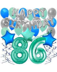 86. Geburtstag Dekorations-Set mit Ballons Happy Birthday Aquamarin, 34 Teile