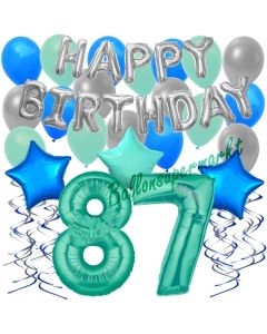 87. Geburtstag Dekorations-Set mit Ballons Happy Birthday Aquamarin, 34 Teile