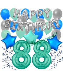 88. Geburtstag Dekorations-Set mit Ballons Happy Birthday Aquamarin, 34 Teile