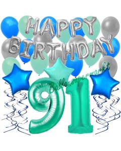 91. Geburtstag Dekorations-Set mit Ballons Happy Birthday Aquamarin, 34 Teile