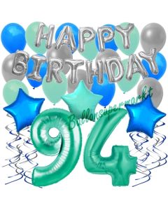 94. Geburtstag Dekorations-Set mit Ballons Happy Birthday Aquamarin, 34 Teile