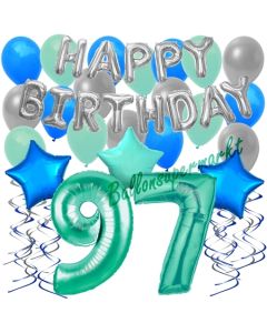97. Geburtstag Dekorations-Set mit Ballons Happy Birthday Aquamarin, 34 Teile