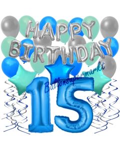 15. Geburtstag Dekorations-Set mit Ballons Happy Birthday Blue, 34 Teile