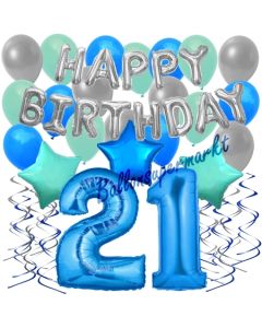 21. Geburtstag Dekorations-Set mit Ballons Happy Birthday Blue, 34 Teile