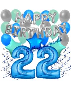 22. Geburtstag Dekorations-Set mit Ballons Happy Birthday Blue, 34 Teile