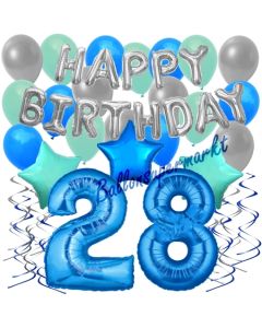 28. Geburtstag Dekorations-Set mit Ballons Happy Birthday Blue, 34 Teile