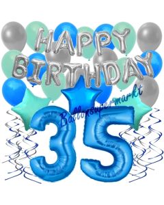 35. Geburtstag Dekorations-Set mit Ballons Happy Birthday Blue, 34 Teile