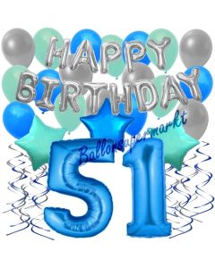 51. Geburtstag Dekorations-Set mit Ballons Happy Birthday Blue, 34 Teile