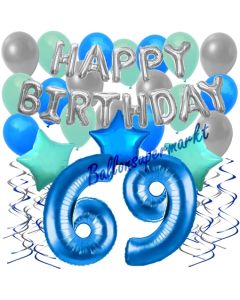 69. Geburtstag Dekorations-Set mit Ballons Happy Birthday Blue, 34 Teile