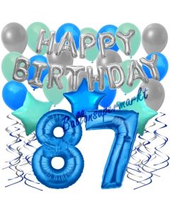 87. Geburtstag Dekorations-Set mit Ballons Happy Birthday Blue, 34 Teile
