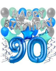 90. Geburtstag Dekorations-Set mit Ballons Happy Birthday Blue, 34 Teile